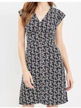 LOFT Linen Black Mini Dress with White Floral Print